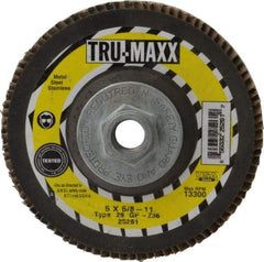 Tru-Maxx - 36 Grit, 5" Disc Diam, 5/8-11 Center Hole, Type 29 Zirconia Alumina Flap Disc - 12,200 Max RPM, Arbor Attaching System, Coated - Eagle Tool & Supply