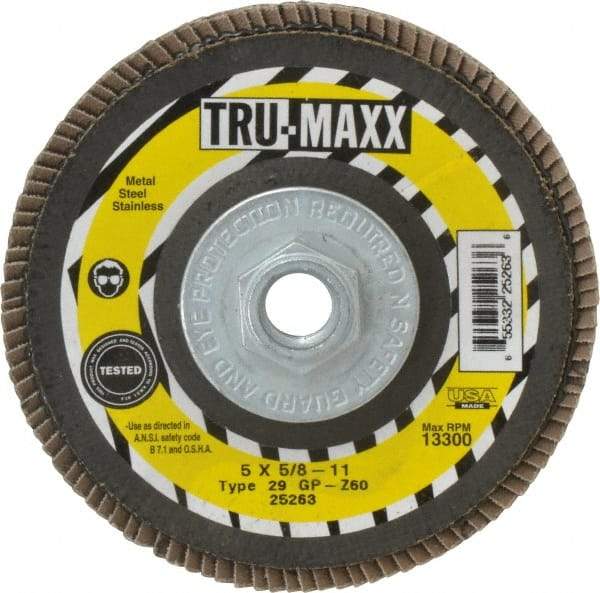 Tru-Maxx - 60 Grit, 5" Disc Diam, 5/8-11 Center Hole, Type 29 Zirconia Alumina Flap Disc - 12,200 Max RPM, Arbor Attaching System, Coated - Eagle Tool & Supply