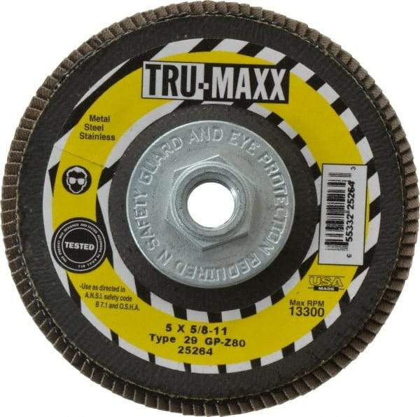 Tru-Maxx - 80 Grit, 5" Disc Diam, 5/8-11 Center Hole, Type 29 Zirconia Alumina Flap Disc - 12,200 Max RPM, Arbor Attaching System, Coated - Eagle Tool & Supply