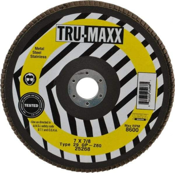 Tru-Maxx - 60 Grit, 7" Disc Diam, 7/8" Center Hole, Type 29 Zirconia Alumina Flap Disc - 8,600 Max RPM, Arbor Attaching System, Coated - Eagle Tool & Supply