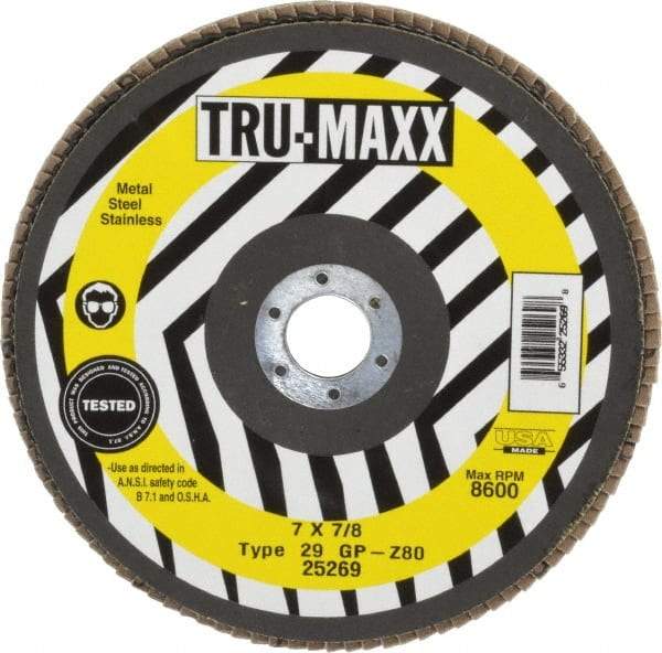 Tru-Maxx - 80 Grit, 7" Disc Diam, 7/8" Center Hole, Type 29 Zirconia Alumina Flap Disc - 8,600 Max RPM, Arbor Attaching System, Coated - Eagle Tool & Supply