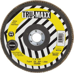 Tru-Maxx - 80 Grit, 7" Disc Diam, 7/8" Center Hole, Type 29 Zirconia Alumina Flap Disc - 8,600 Max RPM, Arbor Attaching System, Coated - Eagle Tool & Supply
