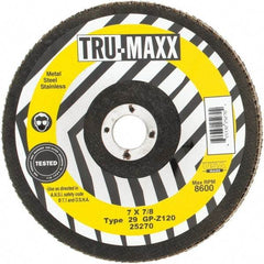 Tru-Maxx - 120 Grit, 7" Disc Diam, 7/8" Center Hole, Type 29 Zirconia Alumina Flap Disc - 8,600 Max RPM, Arbor Attaching System, Coated - Eagle Tool & Supply