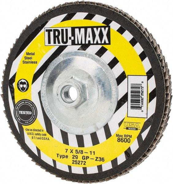 Tru-Maxx - 36 Grit, 7" Disc Diam, 5/8-11 Center Hole, Type 29 Zirconia Alumina Flap Disc - 8,600 Max RPM, Arbor Attaching System, Coated - Eagle Tool & Supply