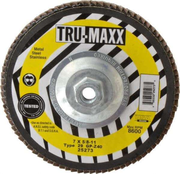 Tru-Maxx - 40 Grit, 7" Disc Diam, 5/8-11 Center Hole, Type 29 Zirconia Alumina Flap Disc - 8,600 Max RPM, Arbor Attaching System, Coated - Eagle Tool & Supply