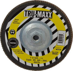Tru-Maxx - 80 Grit, 7" Disc Diam, 5/8-11 Center Hole, Type 29 Zirconia Alumina Flap Disc - 8,600 Max RPM, Arbor Attaching System, Coated - Eagle Tool & Supply