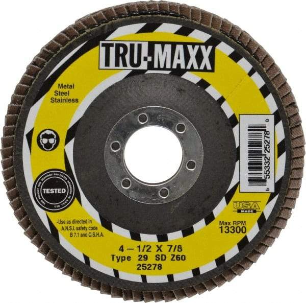Tru-Maxx - 60 Grit, 4-1/2" Disc Diam, 7/8" Center Hole, Type 29 Zirconia Alumina Flap Disc - 13,300 Max RPM, Arbor Attaching System, Coated - Eagle Tool & Supply