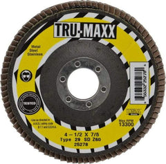 Tru-Maxx - 60 Grit, 4-1/2" Disc Diam, 7/8" Center Hole, Type 29 Zirconia Alumina Flap Disc - 13,300 Max RPM, Arbor Attaching System, Coated - Eagle Tool & Supply