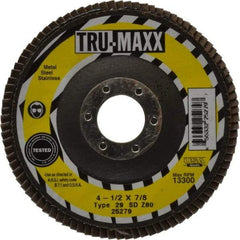 Tru-Maxx - 80 Grit, 4-1/2" Disc Diam, 7/8" Center Hole, Type 29 Zirconia Alumina Flap Disc - 13,300 Max RPM, Arbor Attaching System, Coated - Eagle Tool & Supply