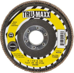 Tru-Maxx - 120 Grit, 4-1/2" Disc Diam, 7/8" Center Hole, Type 29 Zirconia Alumina Flap Disc - 13,300 Max RPM, Arbor Attaching System, Coated - Eagle Tool & Supply