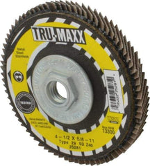Tru-Maxx - 40 Grit, 4-1/2" Disc Diam, 5/8-11 Center Hole, Type 29 Zirconia Alumina Flap Disc - 13,300 Max RPM, Arbor Attaching System, Coated - Eagle Tool & Supply