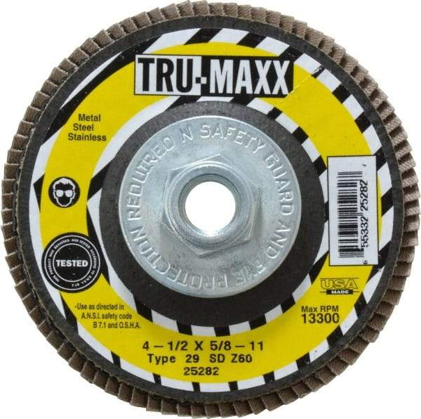 Tru-Maxx - 60 Grit, 4-1/2" Disc Diam, 5/8-11 Center Hole, Type 29 Zirconia Alumina Flap Disc - 13,300 Max RPM, Arbor Attaching System, Coated - Eagle Tool & Supply