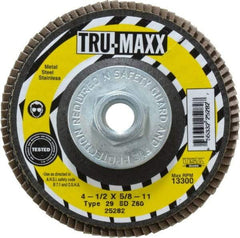 Tru-Maxx - 60 Grit, 4-1/2" Disc Diam, 5/8-11 Center Hole, Type 29 Zirconia Alumina Flap Disc - 13,300 Max RPM, Arbor Attaching System, Coated - Eagle Tool & Supply