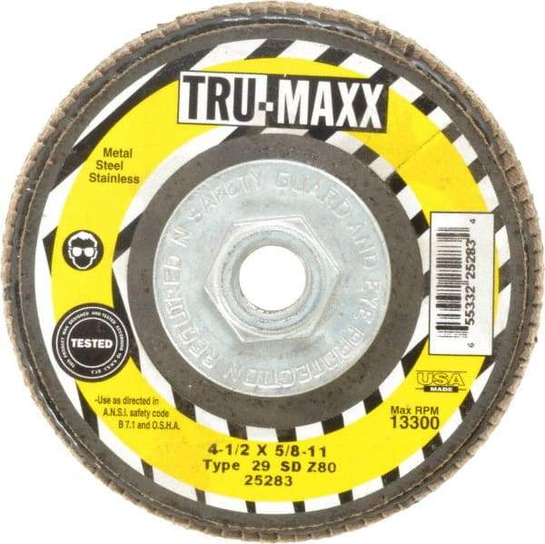 Tru-Maxx - 80 Grit, 4-1/2" Disc Diam, 5/8-11 Center Hole, Type 29 Zirconia Alumina Flap Disc - 13,300 Max RPM, Arbor Attaching System, Coated - Eagle Tool & Supply