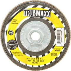 Tru-Maxx - 80 Grit, 4-1/2" Disc Diam, 5/8-11 Center Hole, Type 29 Zirconia Alumina Flap Disc - 13,300 Max RPM, Arbor Attaching System, Coated - Eagle Tool & Supply