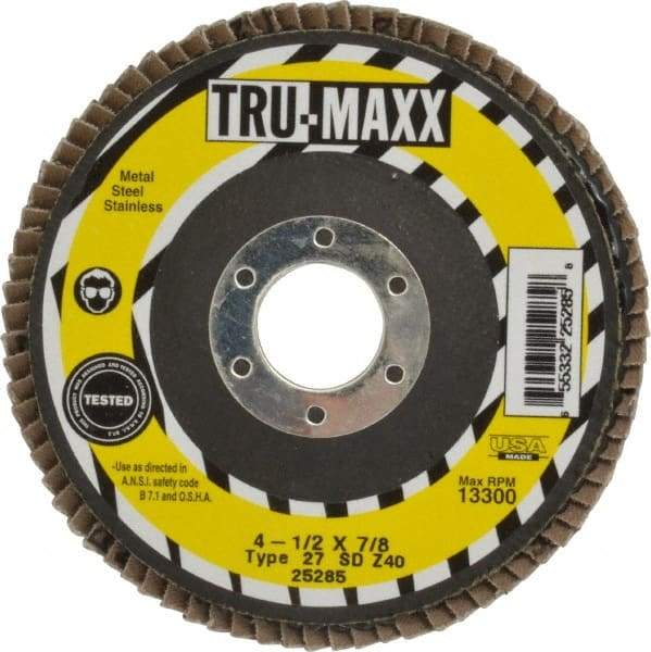 Tru-Maxx - 40 Grit, 4-1/2" Disc Diam, 7/8" Center Hole, Type 27 Zirconia Alumina Flap Disc - 13,300 Max RPM, Arbor Attaching System, Coated - Eagle Tool & Supply
