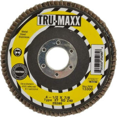 Tru-Maxx - 40 Grit, 4-1/2" Disc Diam, 7/8" Center Hole, Type 27 Zirconia Alumina Flap Disc - 13,300 Max RPM, Arbor Attaching System, Coated - Eagle Tool & Supply