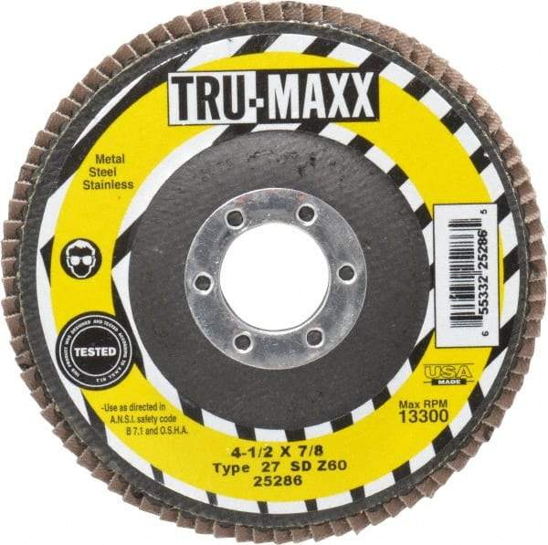 Tru-Maxx - 60 Grit, 4-1/2" Disc Diam, 7/8" Center Hole, Type 27 Zirconia Alumina Flap Disc - 13,300 Max RPM, Arbor Attaching System, Coated - Eagle Tool & Supply
