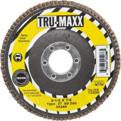 Tru-Maxx - 60 Grit, 4-1/2" Disc Diam, 7/8" Center Hole, Type 27 Zirconia Alumina Flap Disc - 13,300 Max RPM, Arbor Attaching System, Coated - Eagle Tool & Supply