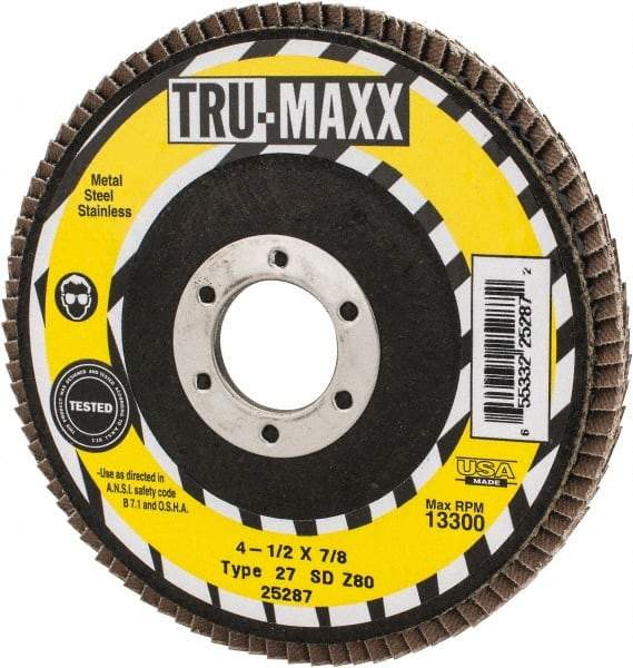 Tru-Maxx - 80 Grit, 4-1/2" Disc Diam, 7/8" Center Hole, Type 27 Zirconia Alumina Flap Disc - 13,300 Max RPM, Arbor Attaching System, Coated - Eagle Tool & Supply
