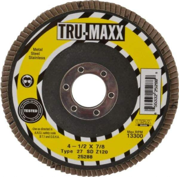 Tru-Maxx - 120 Grit, 4-1/2" Disc Diam, 7/8" Center Hole, Type 27 Zirconia Alumina Flap Disc - 13,300 Max RPM, Arbor Attaching System, Coated - Eagle Tool & Supply