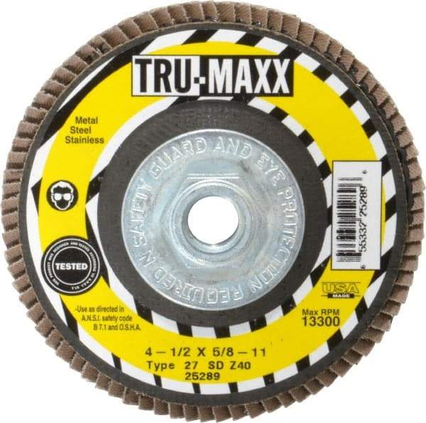 Tru-Maxx - 40 Grit, 4-1/2" Disc Diam, 5/8-11 Center Hole, Type 27 Zirconia Alumina Flap Disc - 13,300 Max RPM, Arbor Attaching System, Coated - Eagle Tool & Supply