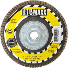 Tru-Maxx - 40 Grit, 4-1/2" Disc Diam, 5/8-11 Center Hole, Type 27 Zirconia Alumina Flap Disc - 13,300 Max RPM, Arbor Attaching System, Coated - Eagle Tool & Supply