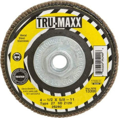 Tru-Maxx - 120 Grit, 4-1/2" Disc Diam, 5/8-11 Center Hole, Type 27 Zirconia Alumina Flap Disc - 13,300 Max RPM, Arbor Attaching System, Coated - Eagle Tool & Supply