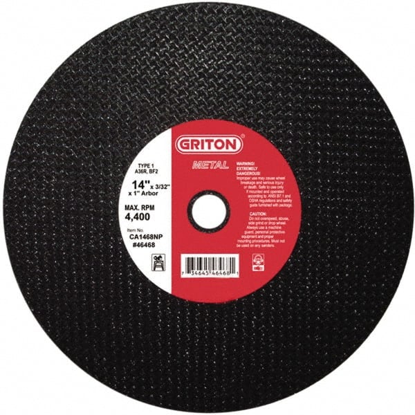 Cut-Off Wheel: 14″ Dia, 3/32″ Thick, 1″ Hole, Aluminum Oxide Reinforced, 46 Grit, 5460 Max RPM, Use with Chop Saws