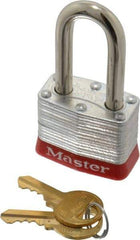 Master Lock - Keyed Alike Retaining Key Conductive Lockout Padlock - 1-1/2" Shackle Clearance, 9/32" Shackle Diam, 1-1/4" Body Height x 1-9/16" Body Width, Red, 4 Pins - Eagle Tool & Supply