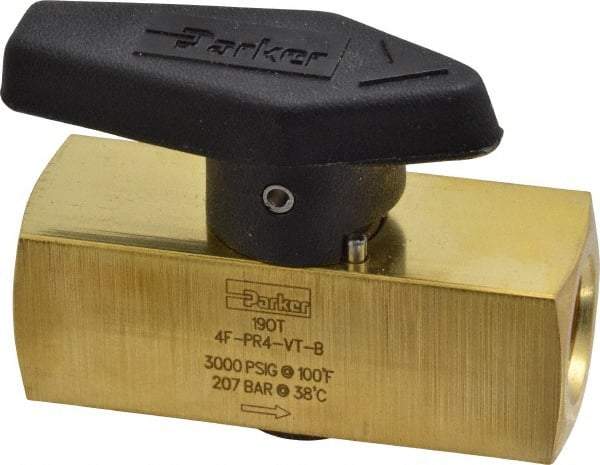 Parker - 1/4" Pipe, 3,000 psi WOG Rating, Brass, Inline, One Way Instrumentation Plug Valve - Wedge Handle, FNPT x FNPT End Connections, Viton Seal - Eagle Tool & Supply