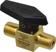 Parker - 1/4" Pipe, 3,000 psi WOG Rating, Brass, Inline, One Way Instrumentation Plug Valve - Wedge Handle, MNPT x MNPT End Connections, Viton Seal - Eagle Tool & Supply