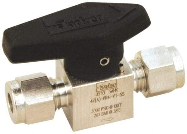 Parker - 3/8" Pipe, 3,000 psi WOG Rating, 316 Stainless Steel, Inline, One Way Instrumentation Plug Valve - Wedge Handle, Viton Seal - Eagle Tool & Supply