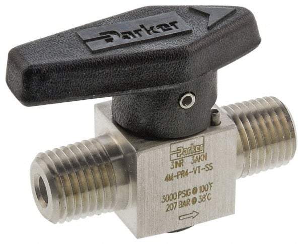 Parker - 1/2" Pipe, 3,000 psi WOG Rating, 316 Stainless Steel, Inline, One Way Instrumentation Plug Valve - Wedge Handle, MNPT x MNPT End Connections, Viton Seal - Eagle Tool & Supply