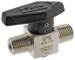 Parker - 1/2" Pipe, 3,000 psi WOG Rating, 316 Stainless Steel, Inline, One Way Instrumentation Plug Valve - Wedge Handle, MNPT x MNPT End Connections, Viton Seal - Eagle Tool & Supply