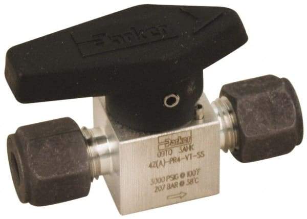 Parker - 1/2" Pipe, 3,000 psi WOG Rating, 316 Stainless Steel, Inline, One Way Instrumentation Plug Valve - Wedge Handle, Compression x Compression CPI End Connections, Viton Seal - Eagle Tool & Supply