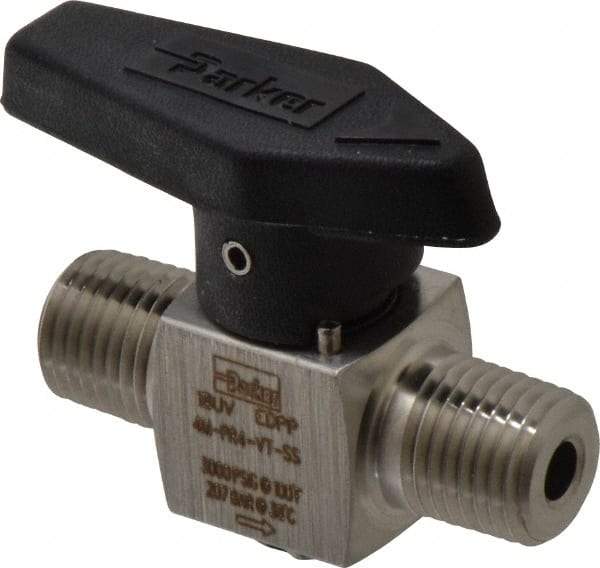 Parker - 1/4" Pipe, 3,000 psi WOG Rating, 316 Stainless Steel, Inline, One Way Instrumentation Plug Valve - Wedge Handle, MNPT x MNPT End Connections, Viton Seal - Eagle Tool & Supply