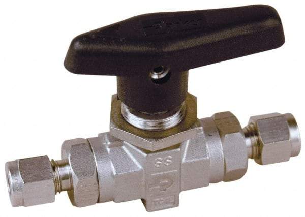 Parker - 1/2" Pipe, Stainless Steel, Inline, Two Way Flow, Instrumentation Ball Valve - 6,000 psi WOG Rating, Wedge Handle, PTFE Seal, PTFE Seat - Eagle Tool & Supply