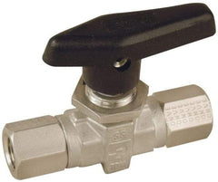 Parker - 1/8" Pipe, FNPT x FNPT End Connections, Stainless Steel, Inline, Two Way Flow, Instrumentation Ball Valve - 6,000 psi WOG Rating, Wedge Handle, PTFE Seal, PTFE Seat - Eagle Tool & Supply