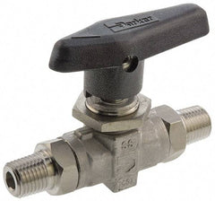 Parker - 1/2" Pipe, MNPT x MNPT End Connections, Stainless Steel, Inline, Two Way Flow, Instrumentation Ball Valve - 6,000 psi WOG Rating, Wedge Handle, PTFE Seal, PTFE Seat - Eagle Tool & Supply