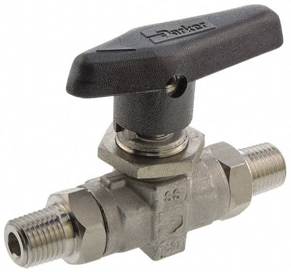 Parker - 3/8" Pipe, MNPT x MNPT End Connections, Stainless Steel, Inline, Two Way Flow, Instrumentation Ball Valve - 6,000 psi WOG Rating, Wedge Handle, PTFE Seal, PTFE Seat - Eagle Tool & Supply