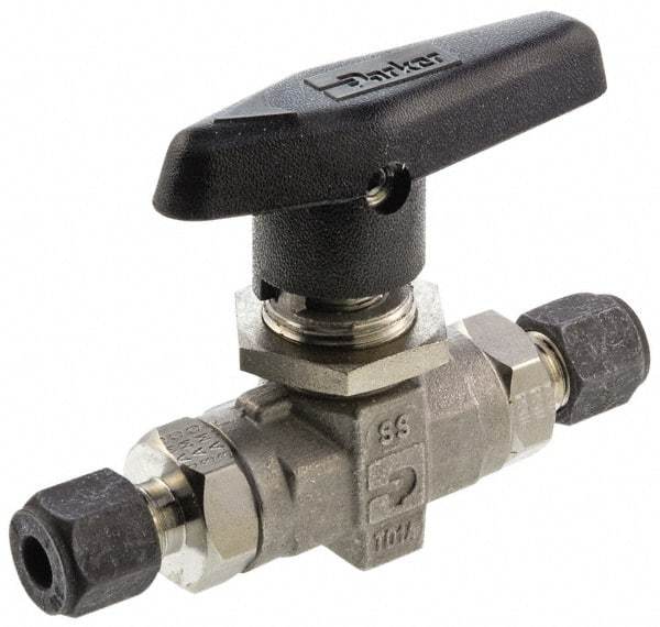 Parker - 1/8" Pipe, Compression x Compression CPI End Connections, Stainless Steel, Inline, Two Way Flow, Instrumentation Ball Valve - 6,000 psi WOG Rating, Wedge Handle, PTFE Seal, PTFE Seat - Eagle Tool & Supply