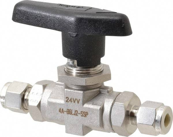 Parker - 1/4" Pipe, Stainless Steel, Inline, Two Way Flow, Instrumentation Ball Valve - 6,000 psi WOG Rating, Wedge Handle, PTFE Seal, PTFE Seat - Eagle Tool & Supply