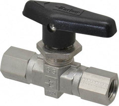 Parker - 1/4" Pipe, FNPT x FNPT End Connections, Stainless Steel, Inline, Two Way Flow, Instrumentation Ball Valve - 6,000 psi WOG Rating, Wedge Handle, PTFE Seal, PTFE Seat - Eagle Tool & Supply