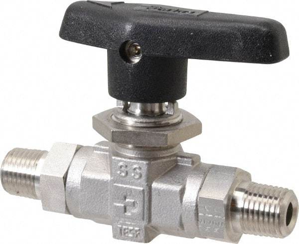 Parker - 1/4" Pipe, MNPT x MNPT End Connections, Stainless Steel, Inline, Two Way Flow, Instrumentation Ball Valve - 6,000 psi WOG Rating, Wedge Handle, PTFE Seal, PTFE Seat - Eagle Tool & Supply