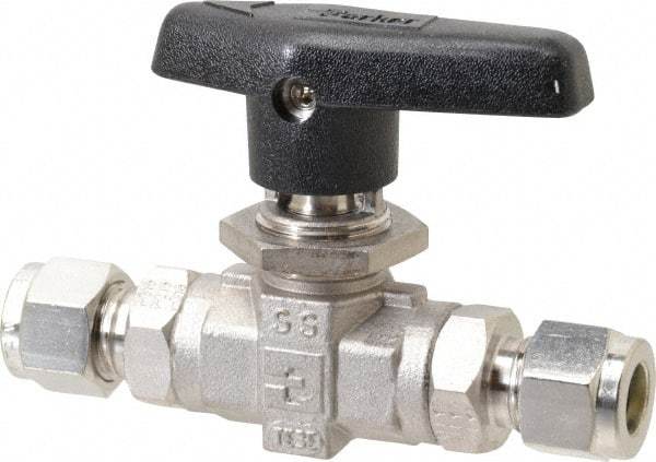 Parker - 3/8" Pipe, Stainless Steel, Inline, Two Way Flow, Instrumentation Ball Valve - 6,000 psi WOG Rating, Wedge Handle, PTFE Seal, PTFE Seat - Eagle Tool & Supply