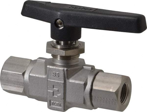 Parker - 3/8" Pipe, FNPT x FNPT End Connections, Stainless Steel, Inline, Two Way Flow, Instrumentation Ball Valve - 6,000 psi WOG Rating, Wedge Handle, PTFE Seal, PTFE Seat - Eagle Tool & Supply