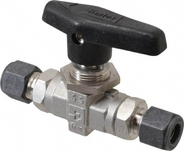 Parker - 3/8" Pipe, Compression x Compression CPI End Connections, Stainless Steel, Inline, Two Way Flow, Instrumentation Ball Valve - 6,000 psi WOG Rating, Wedge Handle, PTFE Seal, PTFE Seat - Eagle Tool & Supply