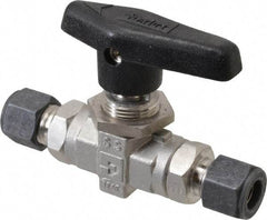 Parker - 3/8" Pipe, Compression x Compression CPI End Connections, Stainless Steel, Inline, Two Way Flow, Instrumentation Ball Valve - 6,000 psi WOG Rating, Wedge Handle, PTFE Seal, PTFE Seat - Eagle Tool & Supply