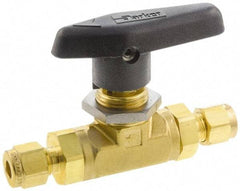 Parker - 1/8" Pipe, Compression x Compression CPI End Connections, Brass, Inline, Two Way Flow, Instrumentation Ball Valve - 3,000 psi WOG Rating, Wedge Handle, PTFE Seal, PTFE Seat - Eagle Tool & Supply